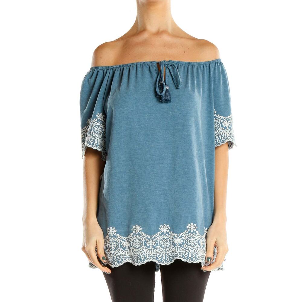 ADRIANNA PAPELL Women's S Embroidered Lace Trim Blue Off-Shoulder‎ Blouse Top